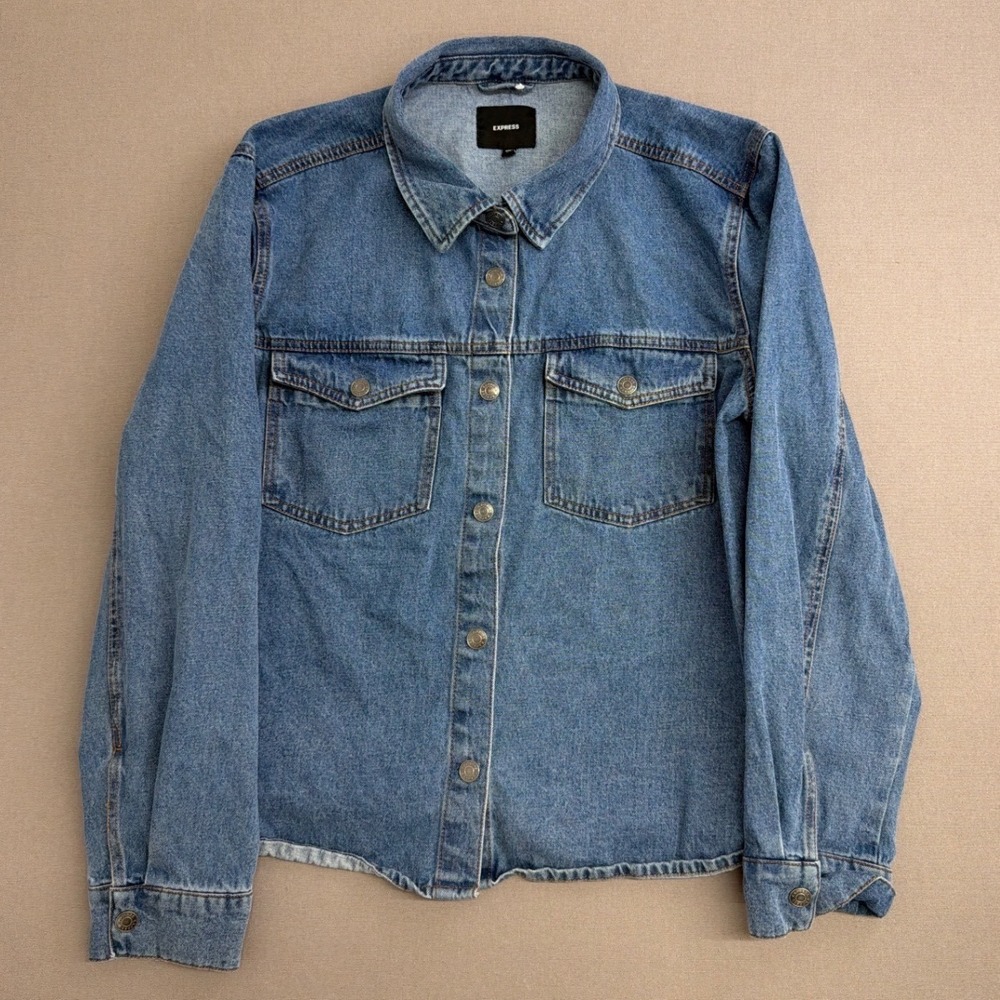 Express Mens Denim Trucker Jacket Medium Wash Blue Cotton Button Up XXL